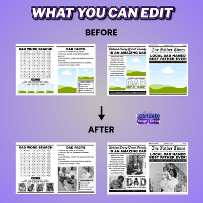 Father's Day Newspaper Design Editable Canva Pro Templates, 2 Pre-Sized Templates, 4 Pages Included