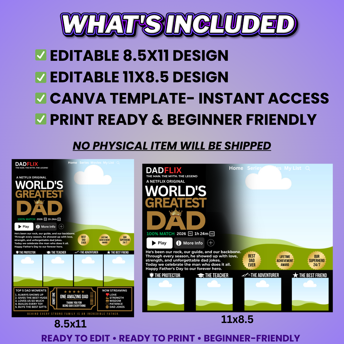 Dadflix Design Editable Canva Pro Templates, 2 Pre-Sized Templates