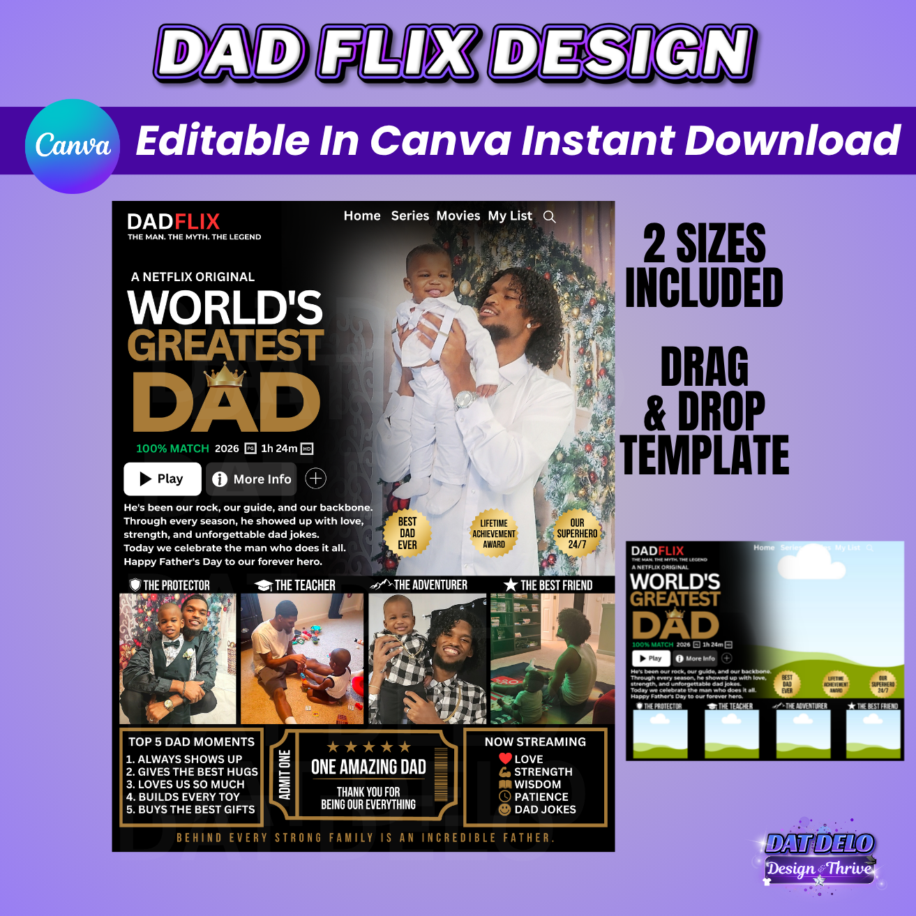 Dadflix Design Editable Canva Pro Templates, 2 Pre-Sized Templates