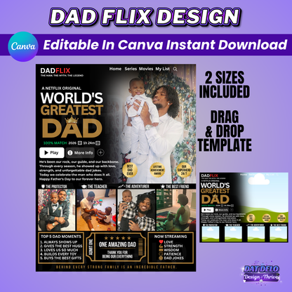 Dadflix Design Editable Canva Pro Templates, 2 Pre-Sized Templates