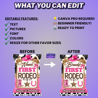 Rodeo Birthday Party Favors Editable Designs, 6 Pre-Sized Templates (CanvaPro)