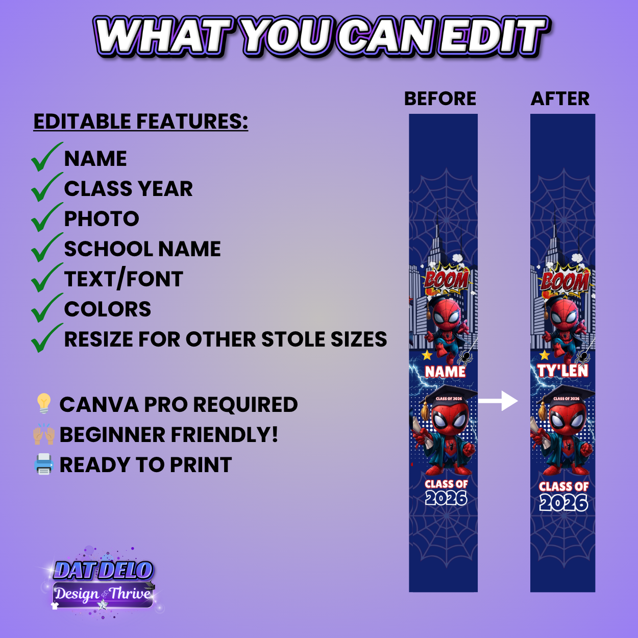 Superhero Grad Stole Design Editable Template (Includes Supply List)